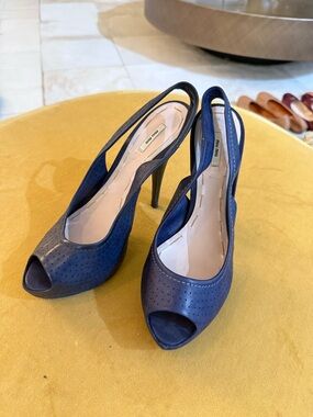 Miu Miu Navy Perforated Peep-Toe Slingback Heels